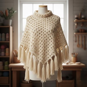 May include: Cream-coloured crochet poncho with a turtleneck collar and fringe. The poncho is displayed on a mannequin. The open weave design is visible. The fringe hangs from the bottom edge of the poncho.