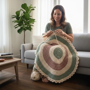 May include: A crocheted circular blanket in shades of green, beige, and mauve, with a scalloped edge. The blanket is being worked on with a crochet hook and yarn. The blanket is approximately 50 inches in diameter.