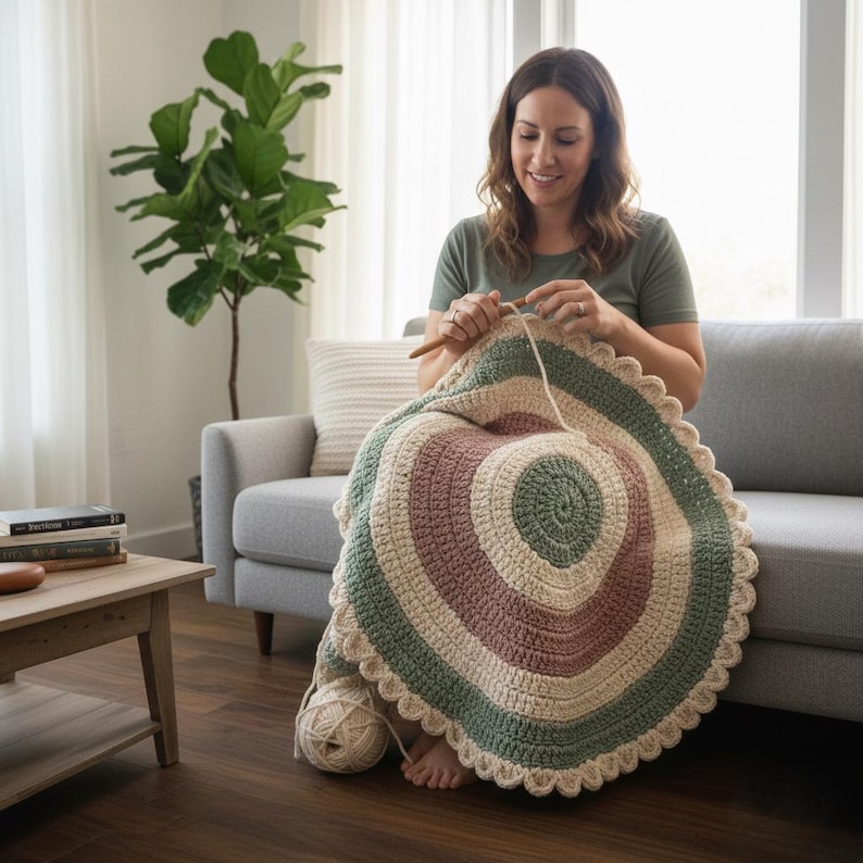 May include: A crocheted circular blanket in shades of green, beige, and mauve, with a scalloped edge. The blanket is being worked on with a crochet hook and yarn. The blanket is approximately 50 inches in diameter.