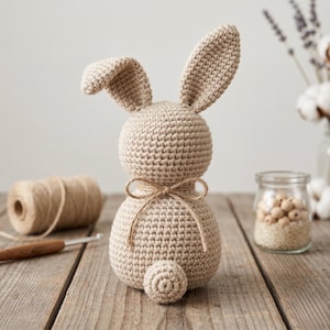 May include: A beige crocheted bunny figure with upright ears, a round body, and a small, round tail. A twine bow is tied around the bunny's neck. The bunny is on a wooden surface, with a ball of twine and a crochet hook nearby.