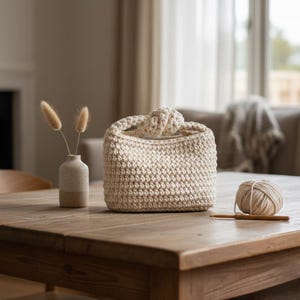 May include: A cream-coloured, hand-crocheted bag with a knotted handle sits on a wooden table. A ball of yarn and a crochet hook are next to the bag. A small vase with dried flowers is also on the table.