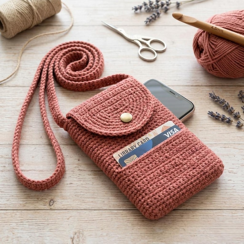 May include: A crocheted phone crossbody bag in a dusty rose color. The bag has a flap with a button closure and a pocket holding a library card and a Visa card. The strap is also crocheted. A smartphone is inside the bag.