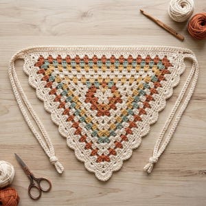 May include: A cream-coloured, handmade crochet bandana with a colourful geometric pattern in shades of brown, yellow, and teal. The bandana has a scalloped edge and long cream-coloured ties. Scissors, yarn, and a crochet hook are also visible.
