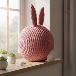 May include: A large, round, pink knitted bunny-shaped decorative pillow with upright ears and a fluffy white tail. The pillow is placed on a wooden windowsill, next to small potted succulents. The bunny pillow is a charming home decor item.