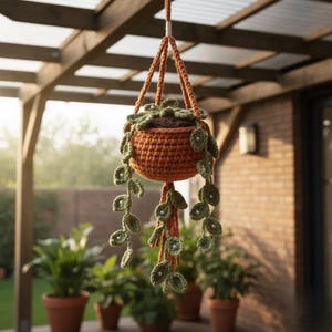 Può includere: Un portavaso sospeso all'uncinetto in una calda tonalità arancione. Contiene una pianta verde con fili di foglie a cascata adornati da piccoli abbellimenti bianchi. Il portavaso è sospeso all'aperto, con altre piante in vaso sullo sfondo.