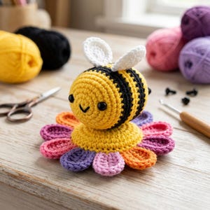 Pode incluir: Uma abelha de crochê feita à mão com listras pretas e amarelas, asas brancas e um rosto sorridente. A abelha está em cima de uma flor com pétalas em tons de laranja, rosa e roxo. Materiais de artesanato, incluindo fios e tesouras, estão no fundo.
