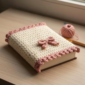 Puede incluir: Una funda de libro de ganchillo en crema con un borde festoneado rosa y un lazo rosa. La funda está colocada sobre un libro con una cubierta de madera. Una madeja de hilo rosa y un ganchillo están en el fondo.