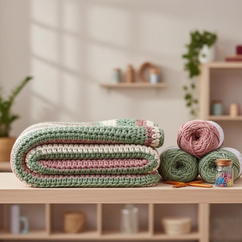 May include: A folded crochet blanket in shades of green, pink, and cream sits on a wooden surface. Several balls of yarn in coordinating colors are next to the blanket, along with crochet hooks and a jar of colorful stitch markers.