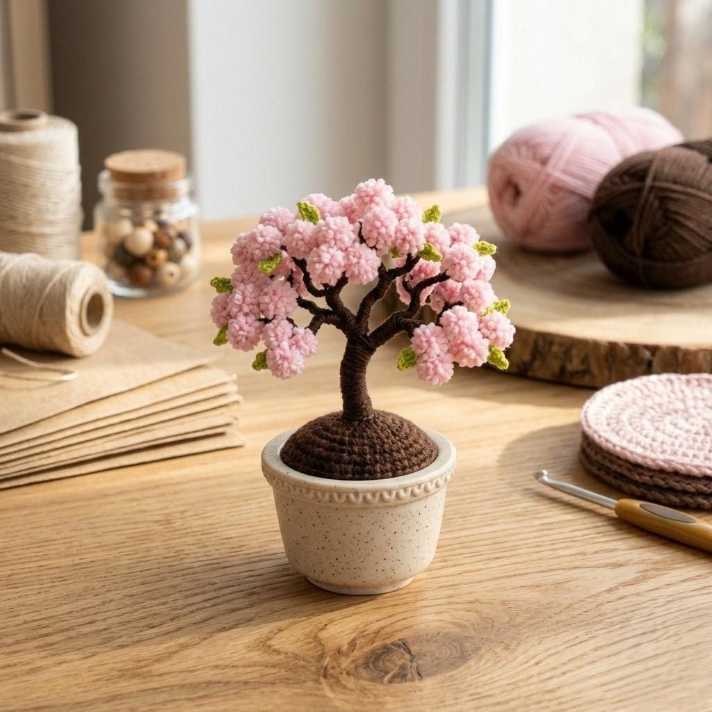 Miniature crochet sakura bonsai tree pattern, Wire tree with blossoms pattern, Wire art bonsai tree pattern, Wire bonsai sculpture pattern.