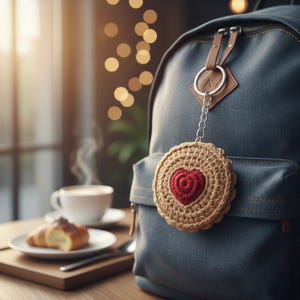 Puede incluir: Una mochila azul marino con un llavero de ganchillo. El llavero es redondo con un corazón rojo en el centro. Una taza de café y un cruasán están sobre una mesa en el fondo.