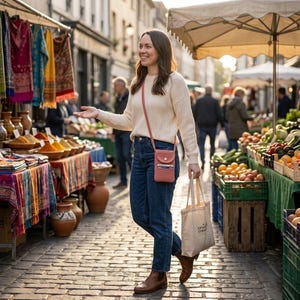 May include: A woman walks through a bustling outdoor market, wearing a cream-colored sweater, blue jeans, and brown boots. She carries a pink crossbody phone bag and a canvas tote bag. Stalls display colorful spices, produce, and textiles.