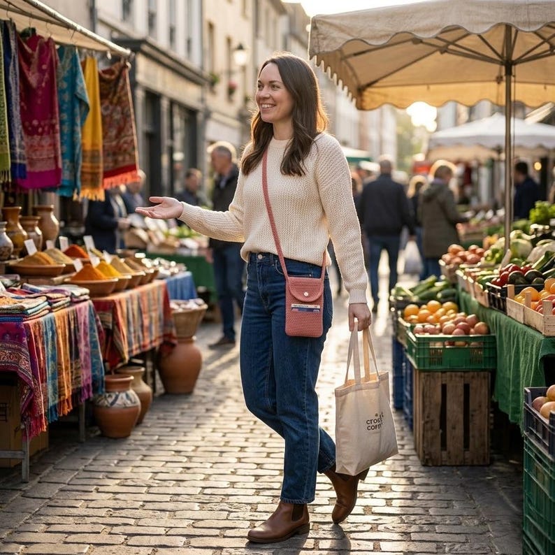 May include: A woman walks through a bustling outdoor market, wearing a cream-colored sweater, blue jeans, and brown boots. She carries a pink crossbody phone bag and a canvas tote bag. Stalls display colorful spices, produce, and textiles.