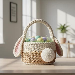May include: A handmade Easter basket shaped like a bunny, with a braided handle and ears. The basket is filled with colorful eggs and green grass. The basket has a white pom-pom tail and is made of beige and white yarn.
