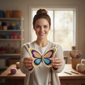 May include: A colorful, crocheted butterfly with yellow, purple, blue, and pink details. The butterfly is held up by a person. The background includes a wooden table, shelves with yarn, and a window.