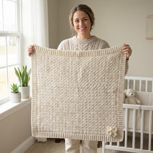 Può includere: Coperta per neonati lavorata a maglia color crema con un motivo strutturato e un accento floreale decorativo. La coperta ha un bordo a coste e viene tenuta davanti a una finestra e a una culla.
