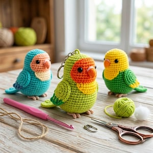 May include: Three crocheted bird figurines in teal, green, and yellow with orange and peach accents. A pink crochet hook, scissors, and yarn are on a wooden surface. One bird has a keychain attached.