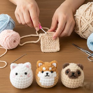 Può includere: Una persona che lavora all'uncinetto un quadrato beige con un uncinetto rosa. Tre teste di animali all'uncinetto: un gatto bianco, uno Shiba Inu e un carlino. Gomitoli di filato blu, rosa e beige, più forbici e un ago sono visibili.