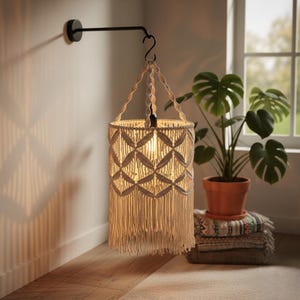 May include: A cream-colored macrame pendant light fixture with a geometric pattern and fringe. The light hangs from a black metal arm attached to a wall. A lit bulb is visible inside the shade. The fixture is a decorative home decor item.