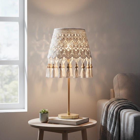 Best crochet lamp shade with tassels pattern, Crochet home decor lamp pattern, Diy crochet lampshade pattern beginner, Crochet lamp cover.