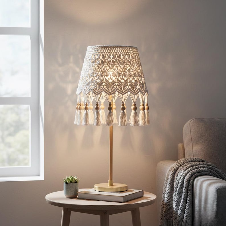 Op de afbeelding: Een cr&egrave;mekleurige tafellamp met een gehaakte lampenkap. De kap heeft een geometrisch patroon en is versierd met kwastjes en houten kralen. De lamp heeft een houten voet en steel en staat op een ronde tafel met een kleine potplant en een boek.