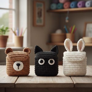 Op de afbeelding: Drie gehaakte dieren-pouches op een houten tafel. Een bruine beren-pouch, een zwarte katten-pouch en een witte konijnen-pouch. De beer heeft een wit gezicht en een zwarte neus. De kat heeft witte ogen. Het konijn heeft lange oren.