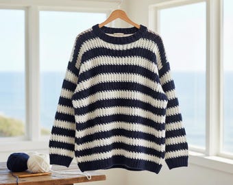 Oversized crochet sweater pattern PDF, Striped crochet sweater pattern beginner, Chunky crochet pullover pattern PDF, Easy crochet sweater.