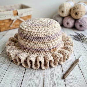 Ruffle bucket hat pattern, Crochet summer hat pattern, Crochet brim hat pattern, Bucket hat crochet pattern, Neutral crochet bucket hat.