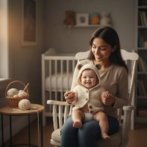 May include: A smiling baby wearing a cream-colored crocheted bear hoodie and sitting on a person's lap. The person is wearing a beige long-sleeve shirt and blue jeans. A white rocking chair, a crib, and a basket of yarn are in the background.