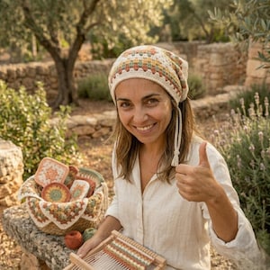 Pode incluir: Uma mulher usando um chap&eacute;u de croch&ecirc; creme, amarelo, laranja e verde. Uma cesta de porta-copos de croch&ecirc; e um pequeno tear est&atilde;o na frente dela. A mulher est&aacute; sorrindo e dando um joinha.