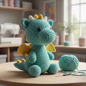 May include: A teal crocheted dragon with yellow wings, horns, and tail spikes sits on a wooden table. A ball of teal yarn and a crochet hook are next to the dragon. The dragon has large, dark eyes and is made of a soft, textured yarn.