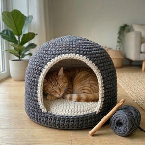 Motif igloo au crochet pour chat, motif de lit de chat, crochet pour grotte pour animaux de compagnie, meilleure cosse pour chat, grotte pour chat en fil épais, grotte pour chat moderne, refuge pour chats à monter soi-même.