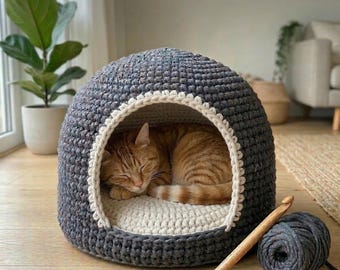 Cat Igloo Crochet Pattern, Cat Bed Pattern, Pet Cave Crochet, Best Cat Pod, Chunky Yarn Cat Cave, Modern Cat Cave, Diy Cat Hideaway.
