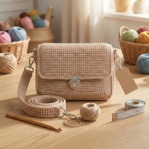 May include: A beige crochet crossbody bag with a silver clasp and strap, alongside a crochet hook, yarn, and measuring tape. Baskets of colorful yarn balls are in the background, suggesting a crafting theme.