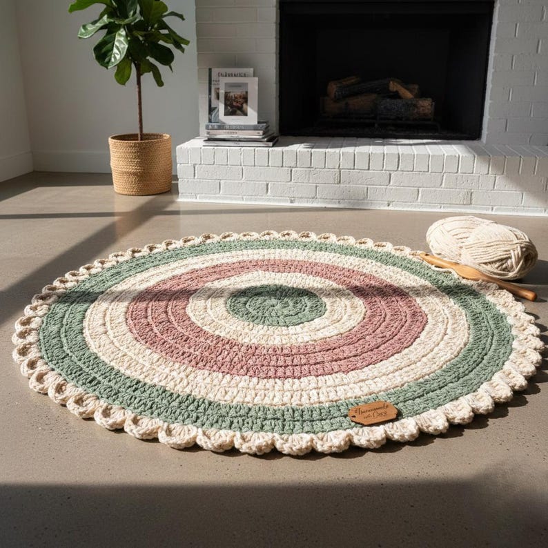 May include: A handmade, round crochet rug with concentric circles in green, pink, cream, and off-white. The rug has a scalloped edge and a small wooden tag that reads "Handmade with Cozy". A ball of yarn and a crochet hook are next to the rug.
