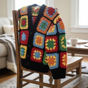 Könnte beinhalten: Ein bunter Cardigan mit Knöpfen und einem Granny-Square-Muster. Der Pullover hat eine schwarze Basis mit leuchtenden Quadraten in Rot, Orange, Gelb, Grün und Blau. Er ist über einen Holzstuhl drapiert.