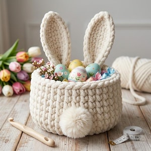 Jumbo yarn easter basket crochet pattern, Easter egg basket crochet pattern bunny, Bunny basket crochet , Beginner Chunky Yarn Bunny Basket.