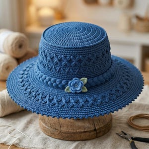 Può includere: Un cappello blu all'uncinetto con parte superiore piatta, tesa strutturata e un motivo intrecciato testurizzato su tutta la superficie. Il cappello è decorato con una fascia intrecciata alla base della corona e un piccolo fiore blu con foglie verdi.