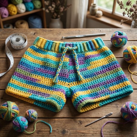 Crochet drawstring shorts pattern, Beginner Friendly , Shorts women , Striped crochet shorts, Scrap yarn crochet, Lounge shorts,