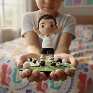 Könnte beinhalten: Gehäkelte Fußballspielerpuppe mit erhobenen Armen. Die Puppe trägt ein weißes Hemd, schwarze Shorts und schwarz-weiße Socken. Sie steht auf einem Miniatur-Grünfeld mit einem Fußball und anderem Zubehör.