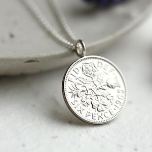 60th Sixpence Necklace with 1965 British Coin and Sterling Silver Chain - Elegant 60th Gift