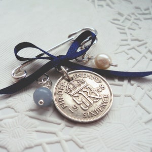 Bridal Bouquet Pin with Sixpence, Pearl, Angelite, Blue Ribbon Wedding Charm
