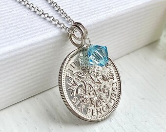 60th Sixpence Necklace, 1963 Coin Pendant, March Birthstone Silver Coin Jewellery