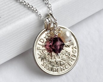 1963 Sixpence, Birthstone Necklace, 60th British 1963 Coin Pendant