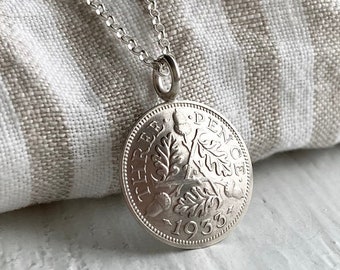 90th Birthday Gift, Silver Coin Necklace, 1933 George V Lucky Silver Acorn Threepence