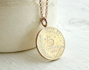 30th Birthday Necklace, 1993 French Coin Necklace, Gold Charm Jewellery, French Vintage Gift for Friend, Sister, Daughter