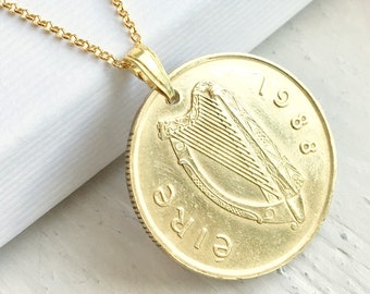 Irish Horse and Harp Coin Necklace, Gold Pendant, Gift for Horse Lover, St Patricks Day Gift