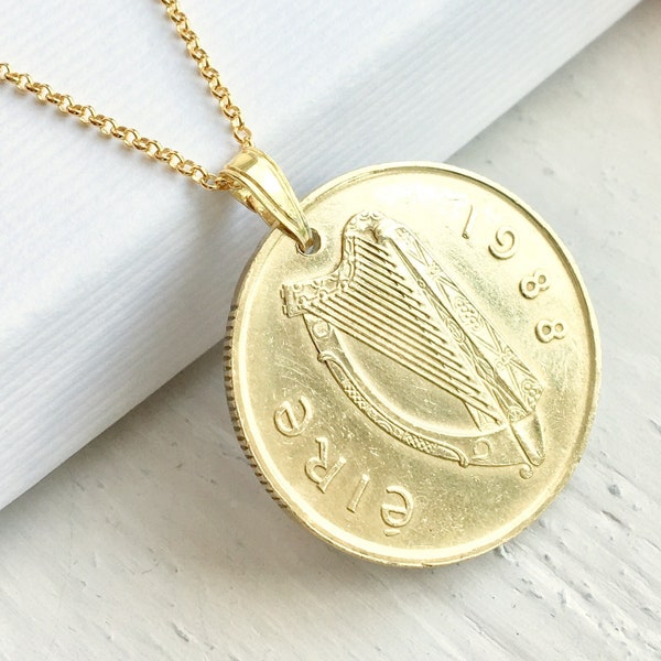 Irish Horse and Harp Coin Necklace, Gold Pendant, Gift for Horse Lover, St Patricks Day Gift