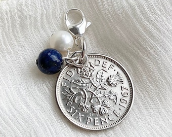 Something Old New Borrowed Blue Sterling Silver Bridal Charm, Bridal Shower Gift, Silver Sixpence Bouquet Charm for Bride