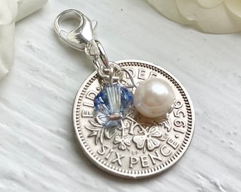 Sixpence Bridal Charm: Pearl, Sapphire Wedding Gift for Garter or Boutonniere - Something Blue for Bride