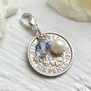 Sixpence Bridal Charm: Pearl, Sapphire Wedding Gift for Garter or Boutonniere - Something Blue for Bride